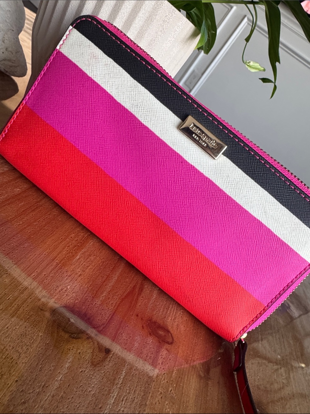 kate spade Bold Striped Zip Wallet in Pink, Red, White, Black